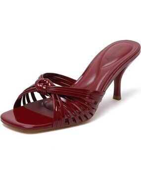 Vivianly Women's Red Kitten Heel Square Open Toe Sandals Backless Slip On
